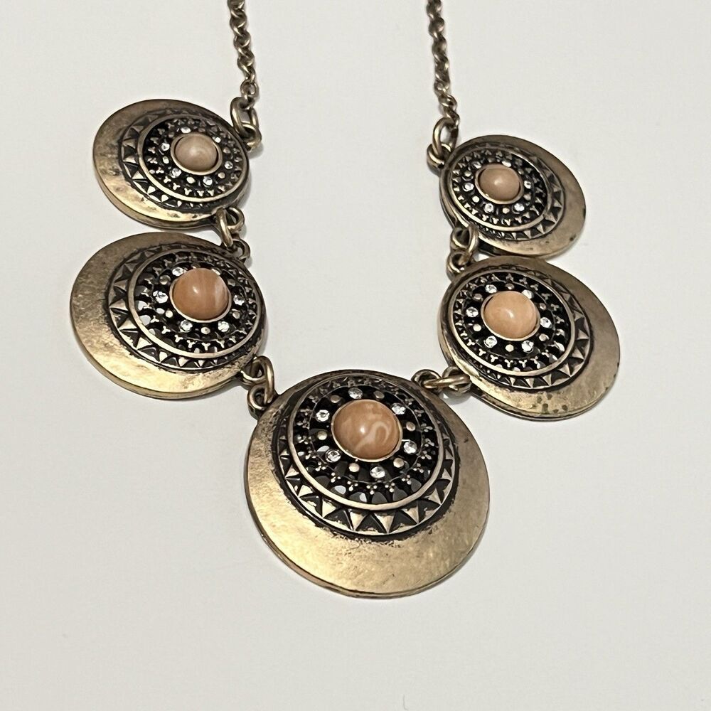 VTG Bronze Pink Coral Gem Art Deco‎ Heavy Disc Chain Necklace 16-20”